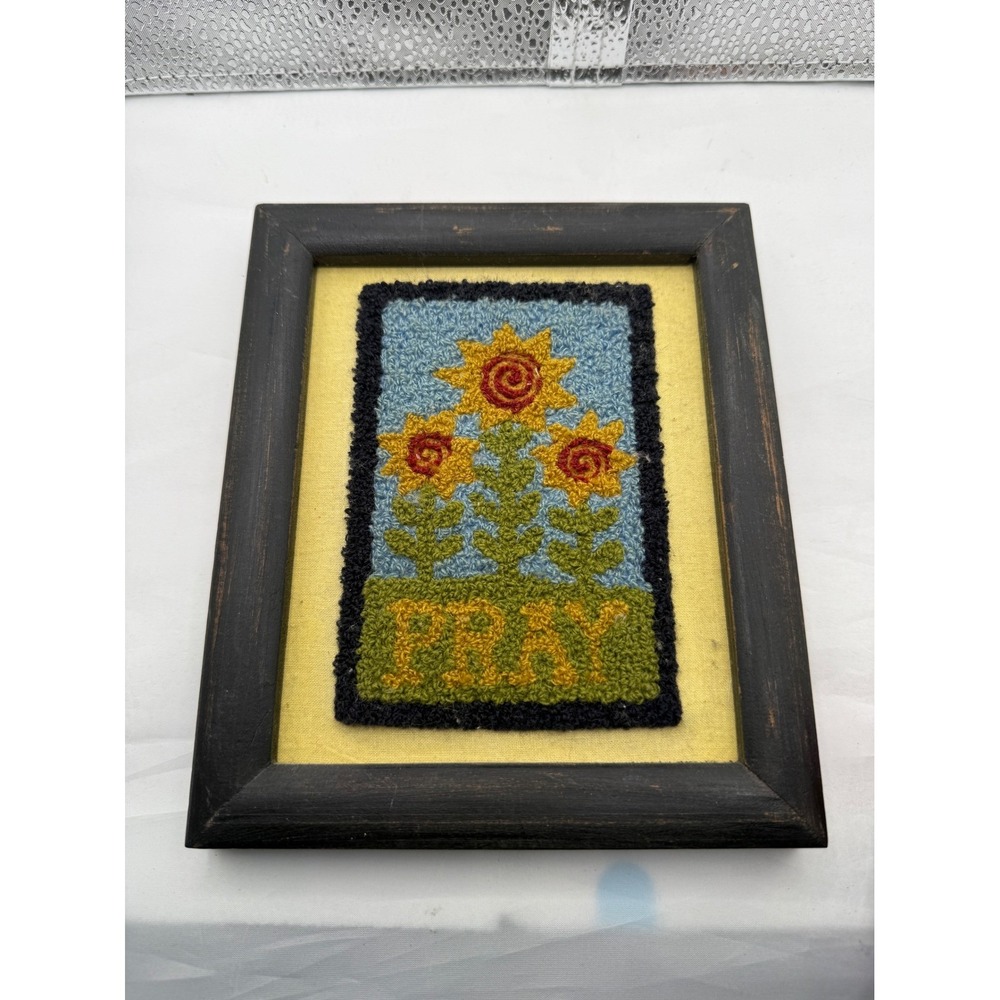 Framed‎ Punch Needle Art Three Sunflowers "PRAY" Blue Yellow Green Home Decor